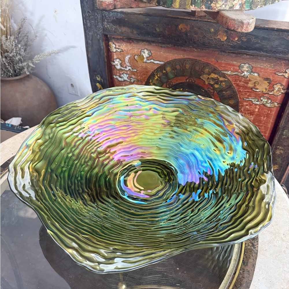 Rare VNTG MCM Large Iridescent Art Glass Bowl 19” Sculptural Handcrafted